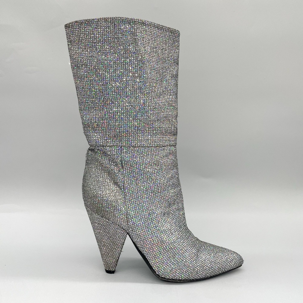 Steven Steve Madden Womens 39 9 Glitter Slouch Boot Shoe Silver Heel Bling Bling